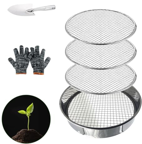 Round Stainless Steel Garden Sieve with Scoop, Gloves, Replacement Sieve, Filtering 3 Types of Sand Diameter 3.6.9 cm, Garden Sieve for Sowing Soil, Sand, Pumice