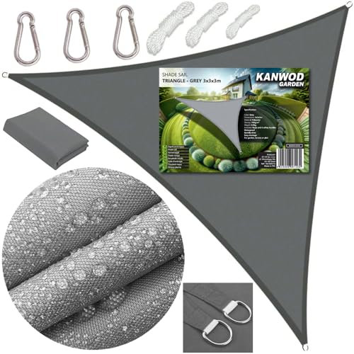 KANWOD Dreieckige Sonnensegel Wasserdicht 3 x 3 x 3 m, UV-Schutz, 180 g/m² Gewebe, inkl Befestigungsseile, Seilspannmarkise für Balkon, Terrasse, Patio und Garten (Grau, 3x3x3 m)