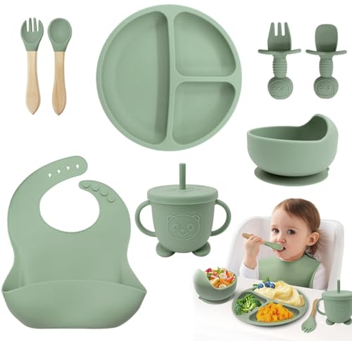 Baby Geschirrset - Silikon Kindergeschirr Set, Rutschfest Babygeschirr mit Saugnapf, 8 Stück BPA-frei Esslernbesteck Sets mit Löffel, Gabel, Schüssel, Lätzchen, Becher, Trinklernbecher und Teller