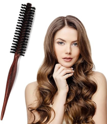 Wildschweinborsten Rundbürste, kleine Haar-Rundbürste, tragbare Naturborsten, Haarbürste, Reisebürste mit Holzgriff für kurzes Haar, dünnes langes Haar, Mini-Bartbürste für Männer und Frauen