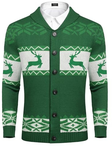 COOFANDY Men's Cardigan Christmas Sweater Knitted Sweater Reindeer Norwegian Ugly Sweater with Shawl Collar A-Green XL