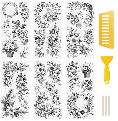 WANDIC Lot de 6 feuilles d'autocollants de transfert à frotter, thème noir et blanc pour bricolage, scrapbooking, albums photos, meubles, 15 x 30 cm