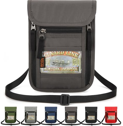 Tcdwla Porte Monnaie Enfant Garçon,Pochettes Tour de Cou de Voyage Bloqueur RFID,Pochette Passeport,Telephone,Porte Monnaie enfant,étanche Sac de Voyage Portable, Peut Stocker Carte (Gris Foncé)