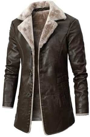 FGRID Vestes Longues en Cuir pour Hommes, Vestes d'affaires mi-Longues en PU doublées de Polaire à Revers en Velours rétro, Manteau de Moto Coupe-Vent à Boutons d'hiver,Marron,S