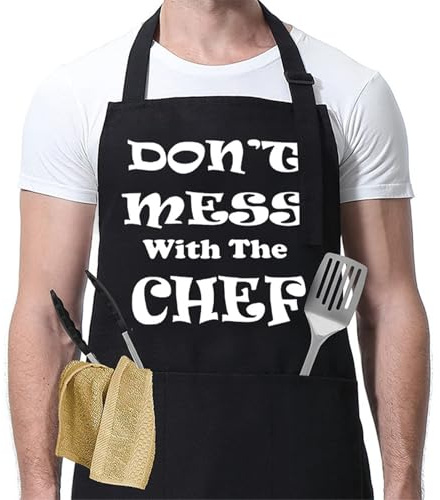 Cooking Apron, Don't Mess With The Chef Black Apron with 3 Front Pockets | Funny Professional Bbq Aprons,Kitchen Cooking Gift Apron for Men Women Kitchen Restaurant Café Garden Work