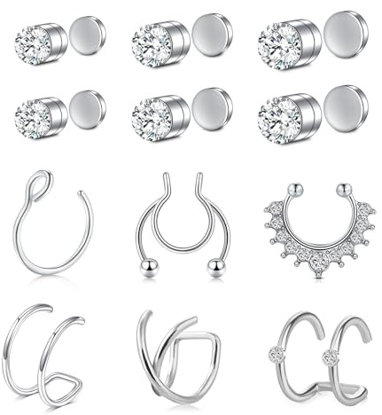 AVYRING Set di Piercing Naso Finti e Orecchini Magnetici, Studs per Naso e Orecchie in Acciaio Inossidabile 316L, con Cristalli Zirconia Argentati, per Donne e Uomini