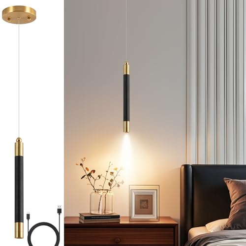 Batteridriven pendellampa, guld/svart LED-hängande lampa med batteri, 7 500 mAh LED-hängande lampa, touch dimbar, 3 färger, justerbar höjd, cylinderpendellampa, batteridriven för nattduksbord, sovrum