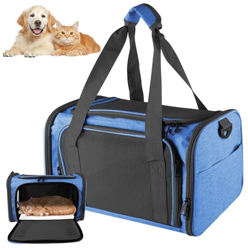 GOEDCH Borsa da trasporto per gatti e cani: piccolo trasportino pieghevole per cani e gatti, scatola da trasporto con finestre per aerazione con tracolla per auto, aereo e viaggio 40 x 25 x 25 cm (blu
