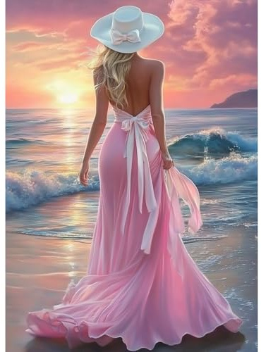 MAXBYE Diamond Painting Art Kits, 5D Lady Painting Diamond Art Kits Round Full Drill Gem Cross Stitch for Adults Beginner, DIY Seaside Sunset Crystal Craft Holiday Gifts Home Wall Decor 30x40cm