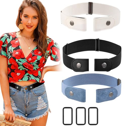 KEWUF 3 Pcs cinturon mujer, cinturón mujer, Cinturón sin hella, Cinturón elástico invisible sin hebilla, Cintura ajustable para hombres y mujeres, Adecuado para vaqueros, vestidos y trajes
