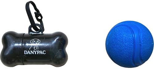 DANYPAC Dispensador de Bolsas Caca Perro + Pelota de Goma Duradera y Resistente - Kit Paseo Perro 2 Piezas (Negro, Mediano)