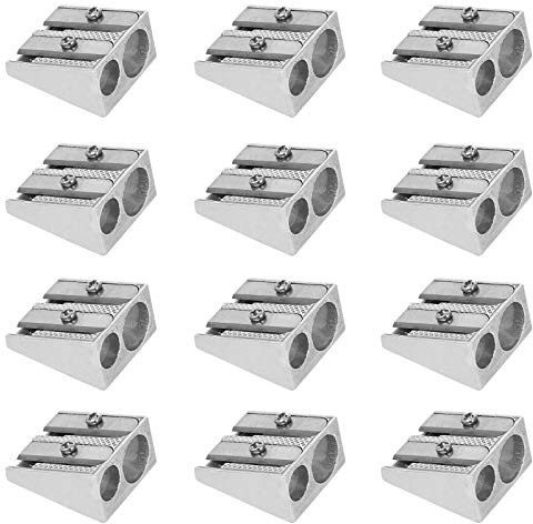 Paquete de 12 sacapuntas de metal con 2 agujeros, manual de doble metal, doble hoja de afilado, doble agujero, rectangular, sacapuntas rectangulares