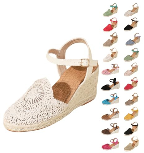 Genérico Cuñas Esparto Plataforma Mujer Sandalias Alpargatas con Bohemio Zapatos Cerrados con Encaje Correa Ajustable al Tobillo para Verano Paseos y Salidas Diarias