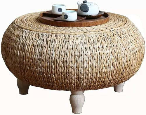 XYFGODEM Mesa Auxiliar Redonda de Ratán Tejida a Mano 50x50x35 cm - Centro Hierba Marina Natural para Sala Estar, Té Rústica con Base Mimbre y Patas Madera Maciza para Salón, Dormitorio Terraza