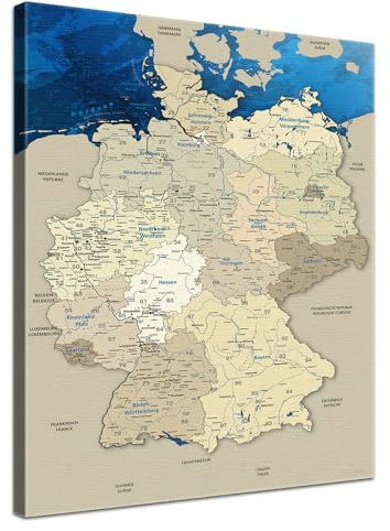 LANA KK - Premium Pinnwand Deutschlandkarte - Blue Ocean - Deutsch - in 70 x 100 cm, stabile Rückwand zum Pinnen inkl. Starterkit - Leinwand-Kunstdruck Wandbild Landkarte XXL