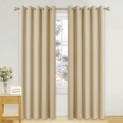 PONY DANCE Blackout Eyelet Curtains, Biscotti Beige, 2 Panels, 66 x 90 Inch | Thermal Insulated 90 Inch Drop Wide Curtains for Living Room, Room Darkening, Energy Saving, Super Soft Drapes