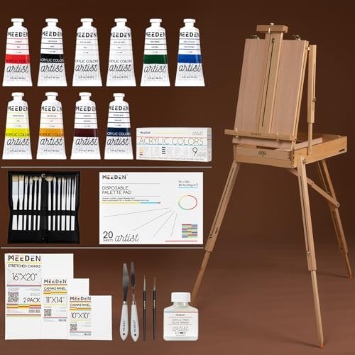 MEEDEN Kit de Pintura con Caballete Francés para Artistas, Set Inicio con Pinturas Acrílicas (10x60ml), Pinceles, Lienzos y Accesorios - Ideal Adultos y Principiantes - Serie Prime