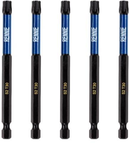 Rennie Tools T30 TX30 Schlagschrauber-Bit-Set, 100 mm lang, strapazierfähig, magnetisch, Torx-Schraubendreher-Bits, schwarz oxidbeschichtete Torx-Schlagschrauber-Bits, 5 Stück