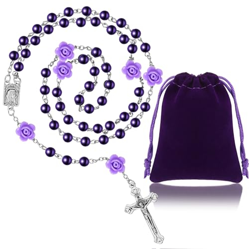 Sinmoe Katholische Rosenkranz mit Geschenkbeutel aus Samt zur Erstkommunion Lila Perlenkette mit Kreuz Elegante Rosenkranz Halskette mit Blumen Perlen Christliche Gebetskette für Mädchen Frauen
