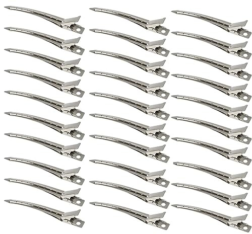 HAALII 30 Pcs Duck Bill Hair Clips, Pin Curl Clips, Metal Hair Clips, Hair Sectioning Clips, 3.5 Inch Rustproof Metal Alligator Curl Clips with Holes for Hair Styling, Hair Accessories, Silver