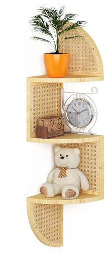 WOPITMER 3-Tier Corner Shelf - Wooden Rattan Wall Mounted, Zig Zag Hanging Shelves for Bedroom, Living Room & Bathroom