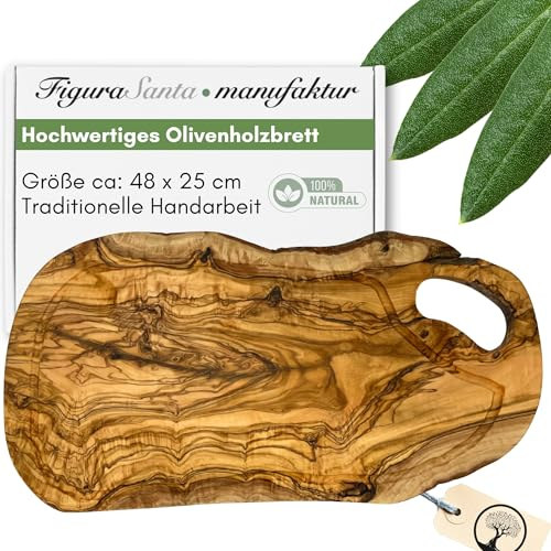 Figura Santa Schneidebrett Olivenholz -Holzbrett Küche mit Saftrille und Griff - massives Steakbrett Olivenholzbrett antibakteriell - alternative zu Schneidebrett Kunststoff (45-49cm)
