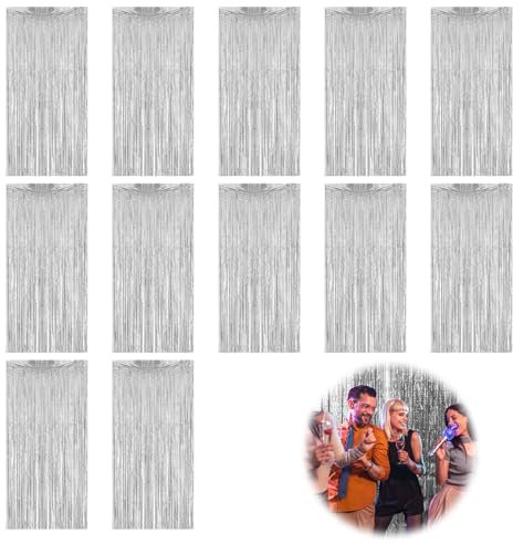 Lametta Vorhänge Silber, 12 Stück Lametta Vorhang, Glitzer Vorhang Luftschlangen Dekoration Hintergrund Folien Fransen Vorhänge für Geburtstag Weihnachten Neujahr Hochzeit Party, 1x2m
