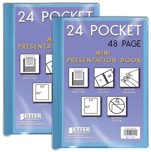 Mini Presentation Book, 5.5 x 8.5 (Half Page), 24 Pockets/48 Pages, 2 Pack, Small Poly Booklets with Clear Sleeves, with Clear View Front Pocket (Blue)