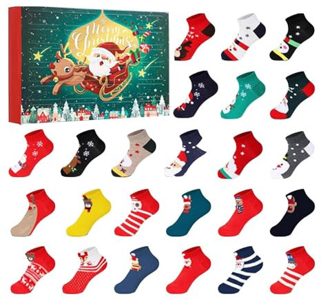 Weihnachtssocken Adventskalender, 24 Paare Weihnachten Socken, Bunte Gemusterte Witzige Baumwolle Socken, Weihnachts Adventskalender Presents Für Boys And Girls,35 X 25 Cm