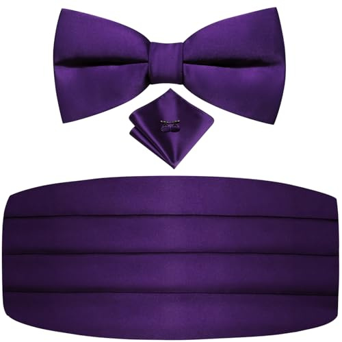 Dubulle Mens Purple Cummerbund and Pretied Bow Tie Suit Pretied Bowties Solid Set for Men Pocket Square Cufflinks Wedding Business
