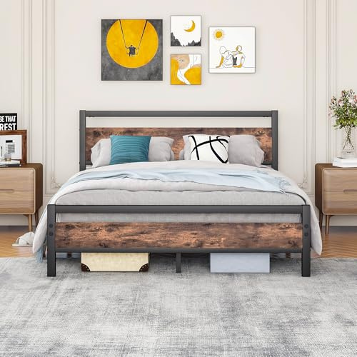 BORPHOM Telaio letto 160 x 200 cm, in metallo e legno, letto in metallo con rete a doghe, letto per ragazzi e ragazzi, 160 x 200 cm, con testiera, in metallo marrone e nero