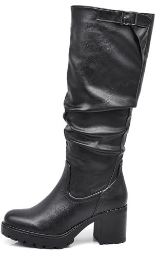 IF FASHION Stivali Arricciati Al Polpaccio da Donna In Pelle Sintetica Con Tacco Grosso Plateau Fibbia G700 nero N.40