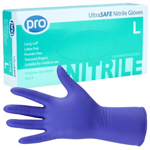 PRO UltraSAFE Violet Long Disposable Gloves - Nitrile Gloves Disposable Large - 50x Pack - Powder Free - Latex Free - Ideal for Food Prep or Salon Use - Medical Grade, Food Safe PPE