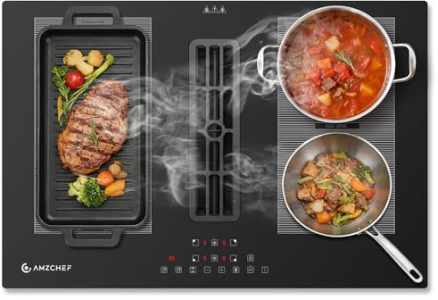 AMZCHEF Plaque de Cuisson Aspirante Induction 2-en-1, 4 Zones 7200W, Hotte Intégrée 650m³/h, Fonction Hob2Hood, FlexZone & Boost, Minuteur, Sécurité Enfant, Encastrable 77cm