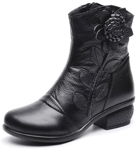 eimeinuosy SOCOFY Bottines en cuir mi-mollet pour femme - Bottes western de cowgirl - Bohème - Talons blocs - Doublure en fourrure - Chaudes - Avec fermeture éclair - Pour la marche, le mariage, la