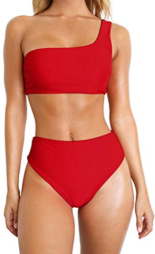 TSWRK Due Pezzi Costume da Bagno Donna Hot Curvy Bikini Mare Push Up Set Una Spalla Costume da Bagno Colore Scelta