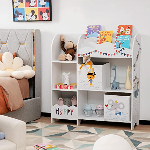 RELAX4LIFE Scaffale Portagiochi per Bambini, Libreria Multifunzionale in Legno, Organizzatore con 2 Scatole per Giocattoli, Arredamento per Cameretta e Asilo (Bianco, Animali)