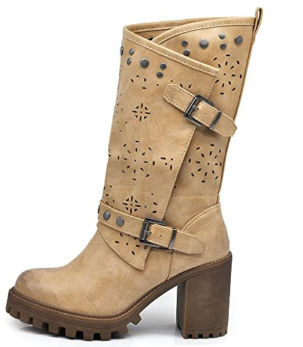 IF FASHION Stivaletti Tronchetti Da Donna Con Tacco Grosso Plateau Borchie Pelle Sintetica G669 beige N.37