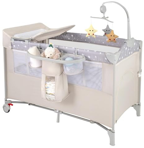 RELAX4LIFE 4 in 1 Lettino con Materasso per Bambini, Culla Neonato con Fasciatoio e Cingia Fissagio, Carillon e 3 Giocattoli Appesi, Adatto a Bambini da 0 a 36 Mesi (Grigio Chiaro)