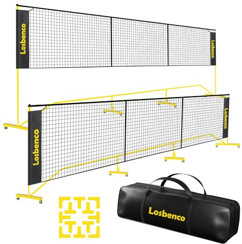 Losbenco Portable Pickleball Net with Wheels - 6-in-1 Adjustable Height Metal Frame Mesh, Standard Size 22FT, Pickleball, Tennis, Volleyball, Football Backyard Outdoor Game Net for Adults and Kids