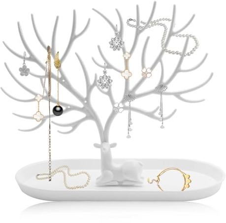 Pumuky Albero portagioi,Supporto gioielli in plastica,Albero per gioielli decorativo con vassoio per gioielli, cervi espositore per gioielli per orecchini, collane, catene, orologi,