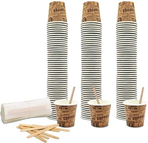 COFFISANO Juego de 150 vasos de café de 75 ml de papel marrones + 150 paletas de madera; vasos y paletas desechables reciclables, para restaurantes, oficinas, para llevar, bares, expreso