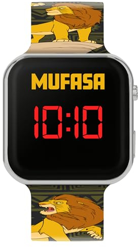 Disney LKG4010 - Reloj digital LED con correa de silicona negra Mufasa para niños y niños, negro, Moderno