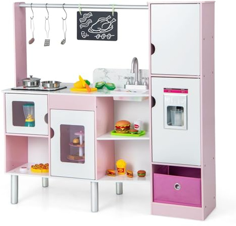 RELAX4LIFE 2 IN 1 Cucina Giocattolo per Bambini, Gioco Negozio/Supermercato in Legno con 82 Accessori, Mini Cucina Lussuosa Luci e Suoni, Ideale per Bambini 3 Anni+