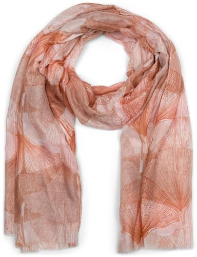styleBREAKER Damen Schal mit farbigem Ginkgo Leaves Blätter Muster Print und kurzen Fransen, leichtes Tuch, Stola 01016208, Farbe:Terracotta-Beige