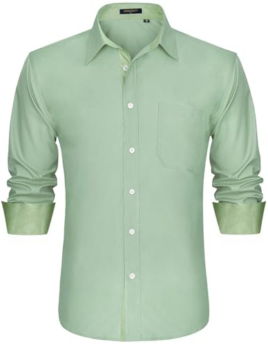 HISDERN Chemises habillées pour Hommes à Manches Longues Classique Coupe régulière Travail de Mariage Chemise sans Repassage avec Poche Vert Sauge L