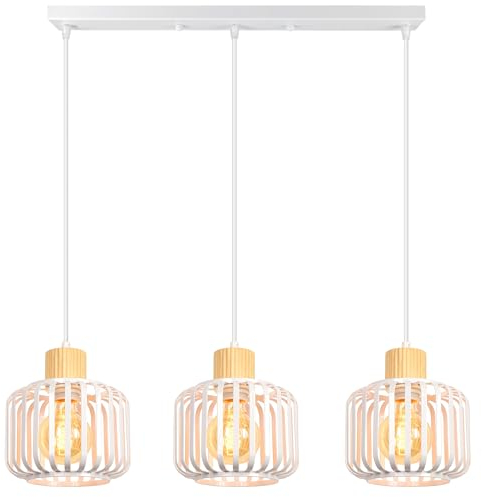 iDEGU 3 Luces Lámpara Colgante Vintage Lámpara de Techo en Madera y Metal Industrial Araña Colgante Diseño Jaula E27 Iluminación de Techo para Cocina Comedor Sala de Estar Restaurante (Barra, Negro)