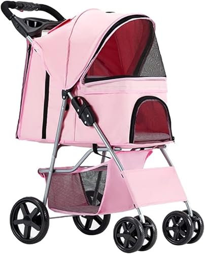 GLETSF Hundebuggy, Haustierbuggy für kleine und mittelgroße Hunde und Katzen, Hunde- und Katzenbuggys, zusammenklappbarer Haustierwagen, Kinderwagen für ältere Hunde (blau) (Pink)