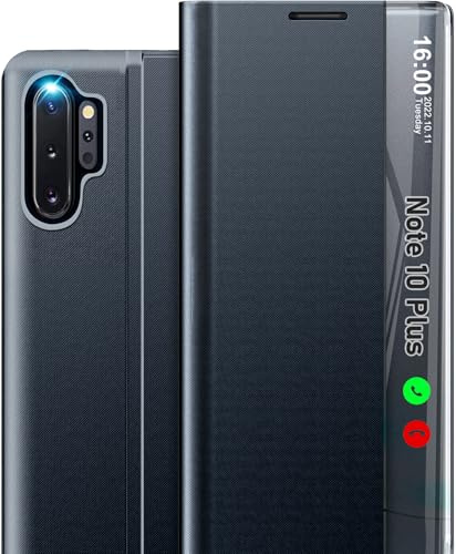 Qissy Handyhülle für Samsung Galaxy Note 10 Plus, Klares Sichtfenster, Ständer, Leder, Hartes Polycarbonat, Flip-Schutzhülle für Samsung Note 10+
