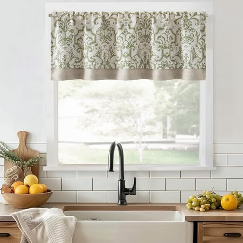 TOPICK Linne skivgardiner ogenomskinliga köksgardiner damast vår vintage blomma gardiner lantlig stil mörkläggningsgardiner kort bistrogardin volang 1-pack grön på beige 45B x 125 H (cm)